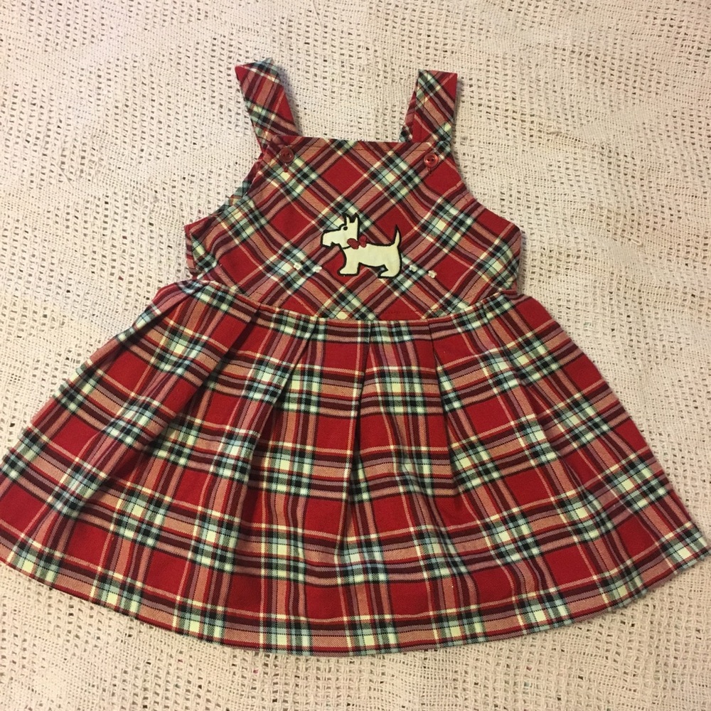Girls red plaid Scottie Dog overall dress 24 mos
